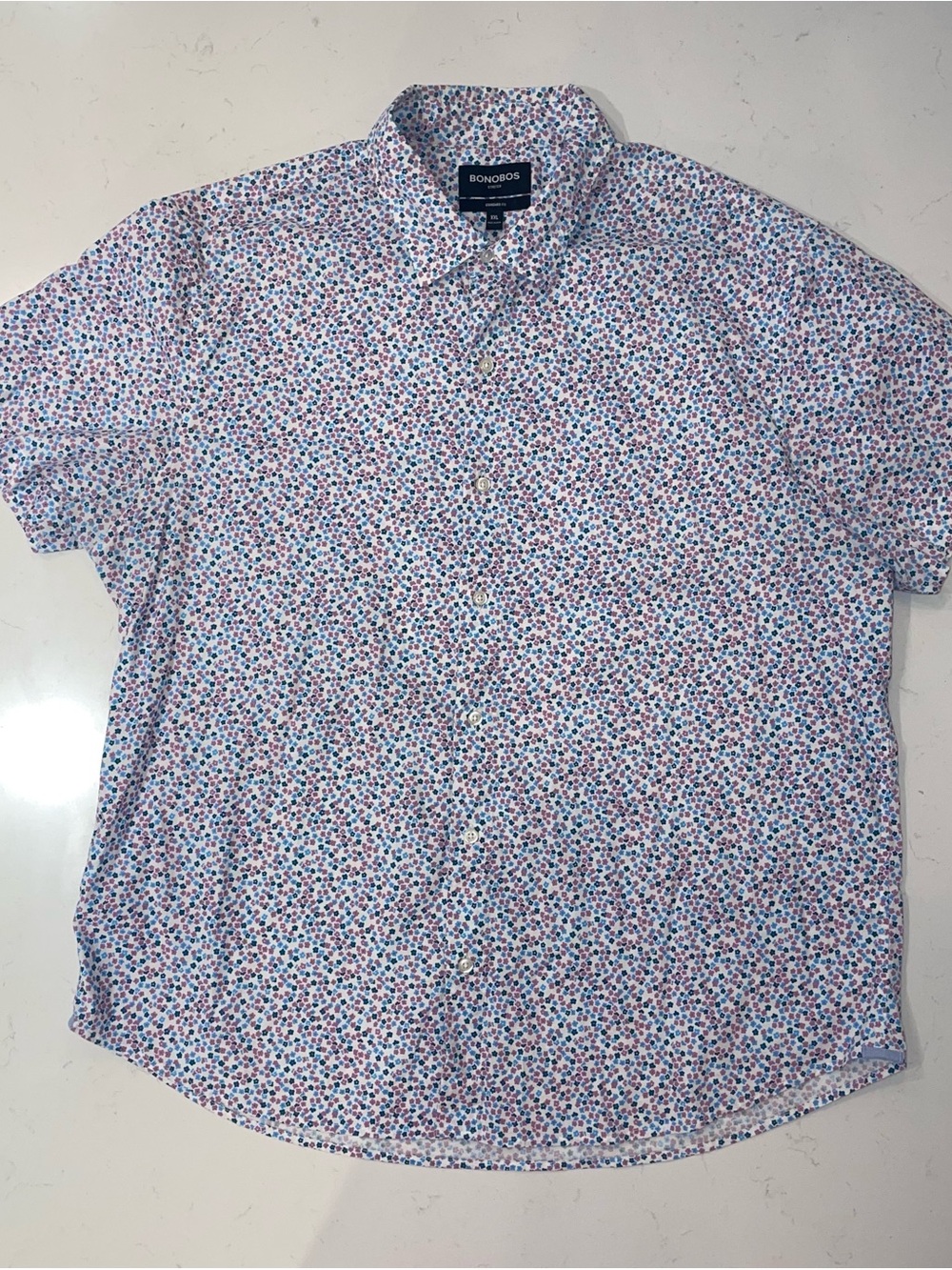 Bonobos White Short-Sleeve Button-Down with Blue & Pink Micro Floral Print